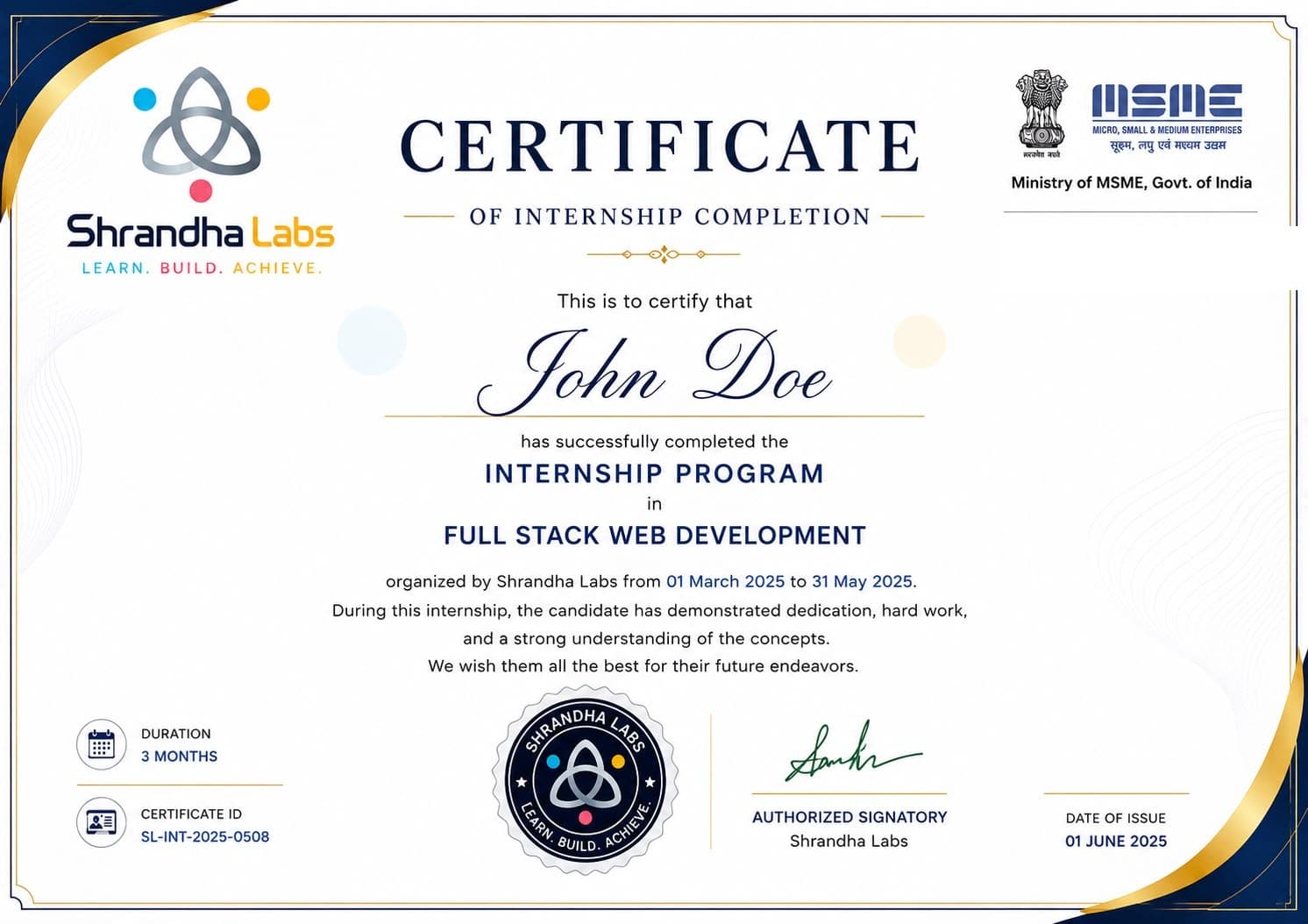 Sample Shrandha Labs internship completion certificate